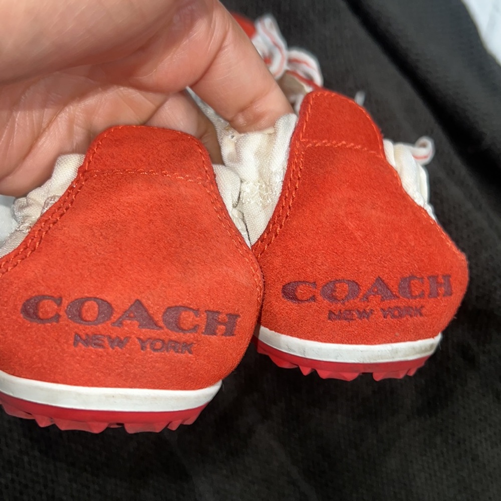 Red suede canvas coach sneakers